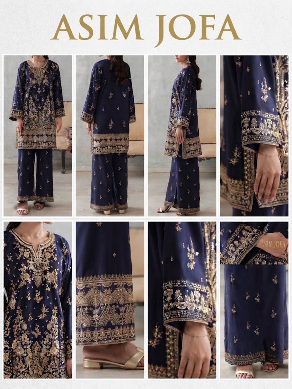 NWT Asim Jofa Embroidered Navy & Gold Women's 2pc in Large Size